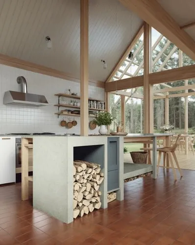 Interior Design,a large kitchen with tiled floors and a white stove top oven,modern kitchen interior,modern kitchen,kitchen interior,kitchen design,wood casework,tile kitchen,Photography,General,Reali