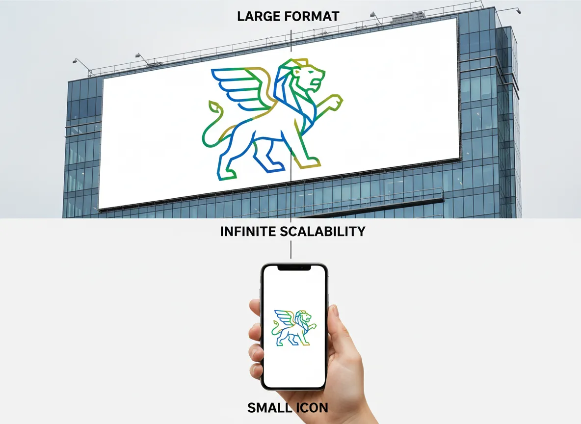 ベクターイラストのスケーラビリティを示す画像。小さいバージョンと大きいバージョンの両方で、ロゴが完璧に鮮明に表示されています。