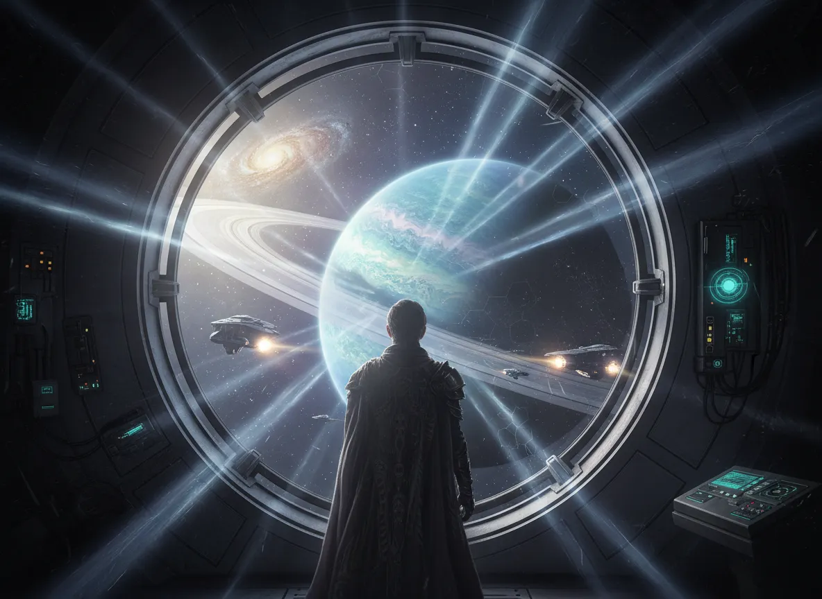 एक विस्तृत स्पेस ओपेरा दृश्य का क्लोज-अप जो एक स्पेसशिप की खिड़की से आ रहे यथार्थवादी वॉल्यूमेट्रिक लाइटिंग इफ़ेक्ट्स को दिखाता है।