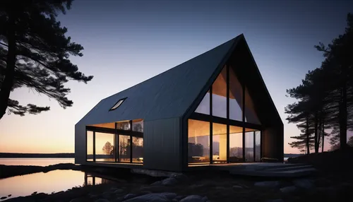 minimalist mid-size frame house, lakeside, geometric outline, expert, dramatic lighting, lighting effects,inverted cottage,cubic house,timber house,small cabin,cube house,summer house,mirror house,sca