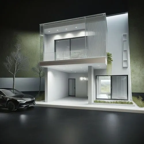 a black car sits in front of an ultra modern residence,3d rendering,modern house,cubic house,render,revit,renders,model house,residencial,residential house,eichler,modern architecture,cube house,sketc