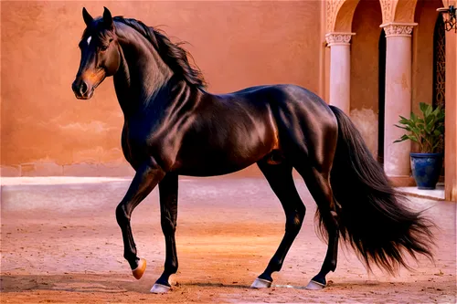 Majestic horse, Arabian breed, shiny black coat, flowing mane, muscular body, powerful legs, hooves on ground, relaxed posture, ears perked up, soft sunlight, warm color tone, cinematic lighting, 3/4 