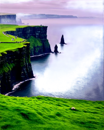 Emerald Isle, Ireland landscape, rolling hills, rugged coastline, Cliffs of Moher, stone walls, patchwork fields, misty morning, soft golden light, cinematic composition, panoramic view, natural textu