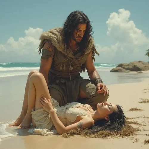 the actors are in the sand near the water,castaway,shipwrecked,resuscitation,castaways,dead earth,flotsam and jetsam,romantic scene,islander,lover's beach,undertow,honeymooners,romancing,video scene,h
