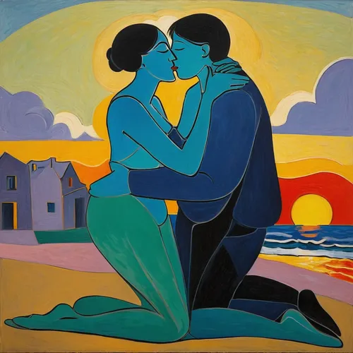 couple kissing on the beach at sunrise,young couple,olle gill,argentinian tango,black couple,amorous,dancing couple,tango argentino,tango,braque francais,picasso,loving couple sunrise,lovers,two peopl