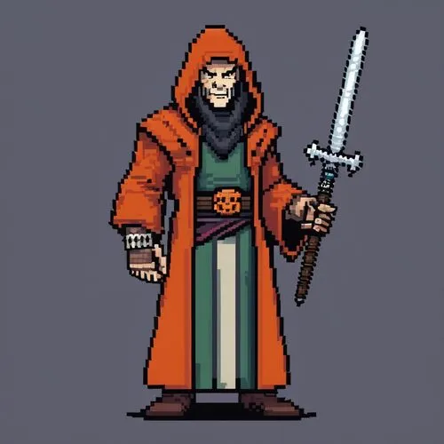 Pixel Art， game character,grimjack,cultist,brannigan,desaad,monk,cleric,pixel art,necromancer,orange robes,aesulapian staff,chronicon,drakenstein,occultist,revan,elminster,swordsmith,geomancer,elric,s