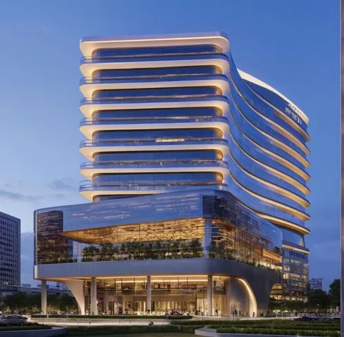 ARCHITECTURE, 1 LARGE HOTEL, 1 SHOPPING MALL, 12 FLOORS HIGH, STYLISH FACADE WITH LOTUS FLOWERS,
there are lots of glass, windows, 
TALL, rectangular, Modern building, at dusk

 (ultral realistic, mas