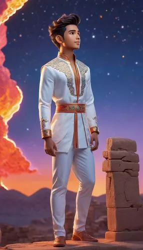portrait shot man vivid quirky high fashion lightning portrait illusory landscape firey sunset range of colors standing on the edge of ancient ruins at earthrise starry skies before heaven astral phot