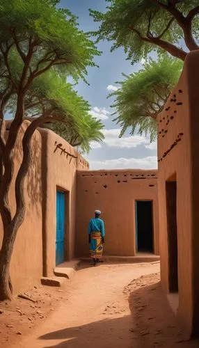 Francis Kéré architecture, Diébédo village, Burkina Faso, mud-brick buildings, curved lines, natural materials, earthy tones, African rural setting, sunny day, clear blue sky, few puffy white clouds, 