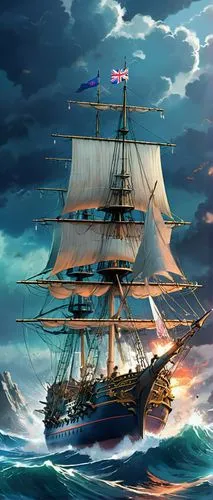 A British military ship in 1770 sailing on the high seas in a violent storm.,a large sailing ship in the middle of a storm,sea sailing ship,galleon,sail ship,whaleship,sailing ship,caravel
