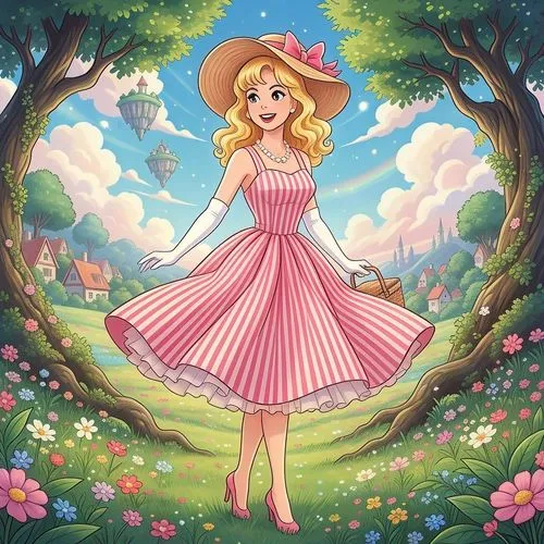 Create a high-quality Ghibli-style illustration featuring a vibrant, dynamic female character with a classic Barbie doll hairstyle and outfit, styled in a retro 1950s aesthetic. Focus on the facial fe