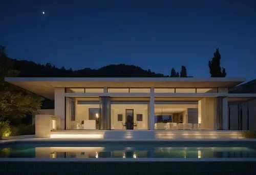 modern house with a pool and lights lit up,pool house,modern house,dreamhouse,amanresorts,luxury property,summer house