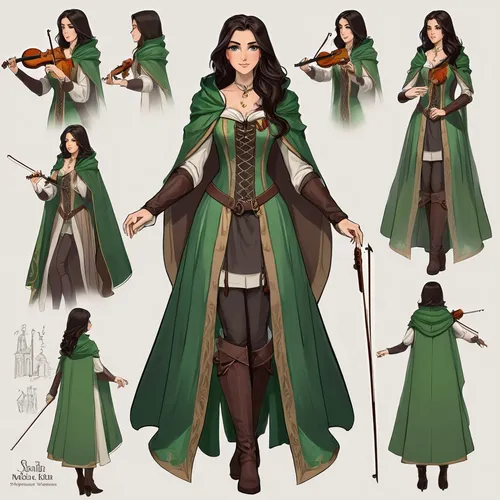Make a beautiful female woman with long dark hair and green eyes, make her dressing a medieval dress and a cloak, make her with a violin,elven,celtic queen,violin woman,art bard,merida,staves,costume 