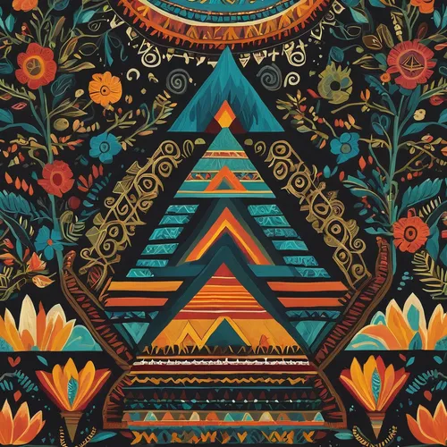 Design an intricate Aztec pattern with a mystical and enchanting atmosphere.,pachamama,tapestry,mandala,mandala background,mandala illustrations,kaleidoscope art,tribal,kaleidoscope,mandala illustrati