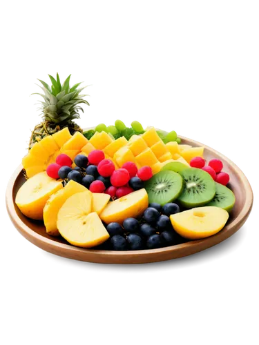 Fresh fruit salad, colorful arrangement, mixed berries, sliced apples, grapes, kiwi, pineapple, green leaves, wooden table, natural light, shallow depth of field, warm color tone, 3/4 composition, sof