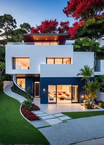 As the sun sets over a quiet suburban street, a magnificent house, its walls a deep red, sits proudly in the corner. To the left, a spacious, spacious cabin with a wooden roof and a small garden setti