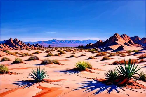 Desert landscape, sandy dunes, clear blue sky, sun overhead, hot weather, rocky formations, cactus plants, vast emptiness, panoramic view, warm lighting, low angle shot, cinematic composition, high co