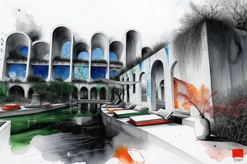 a large building that has many windows in it,coliseum,school design,porticoes,cloister,architecturally,peristyle,architectures,colonnades,landscaped,cloisters,archways,world digital painting,virtual l