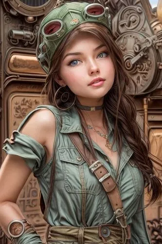 brunette hair, adorable, train-engineer, adorable fantasy, very cute, sweet beautiful young woman, flowers and vines, clean bare skin, clear face, train,steampunk,fantasy art,female warrior,fantasy po