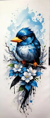 By Tun Tun,  Create tattoo design, blue, black and white, many jasmines and a angry bird, Please provide an in-depth critique of my artwork. Assess the composition, balance, and use of color, discussi