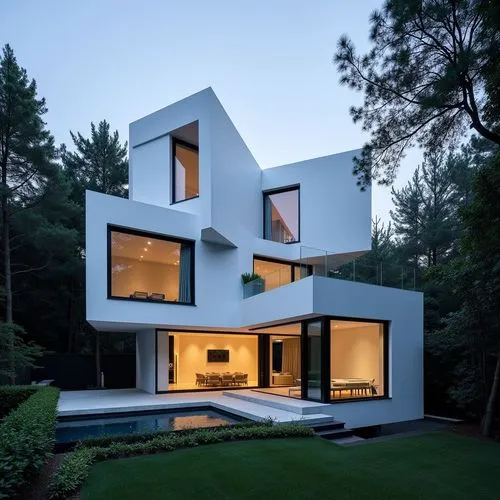 A hyper-minimal modern villa made of white exposed concrete and GRC, featuring two offset cubes, delicate black window frames, shadow-cut joints, sharp cantilevers, vertical voids, sculptural stairs, 
