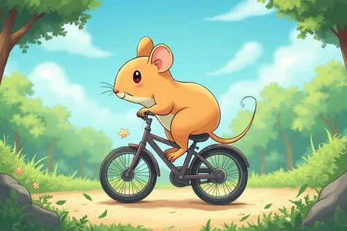 random cartoon scene,mouse on bike,the cartoon mouse rides a bike through a forest,biking,cycling,bicycle ride,bicycle riding,bicycle,bicycling
