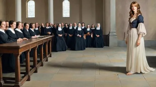 17th century courtroom, filled with spectators, nuns, judges,choir,church choir,tafelmusik,choral,cantata,thomanerchor,choirgirl,celtic woman,kantorei,hymn,suprema,volturi,novitiate,choir master,choir
