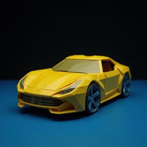 Sleek and impressive origami model of a modern sports car (resembling a Lamborghini or Ferrari), expertly folded from primarily yellow paper with some blue accent pieces. The paper car is displayed on