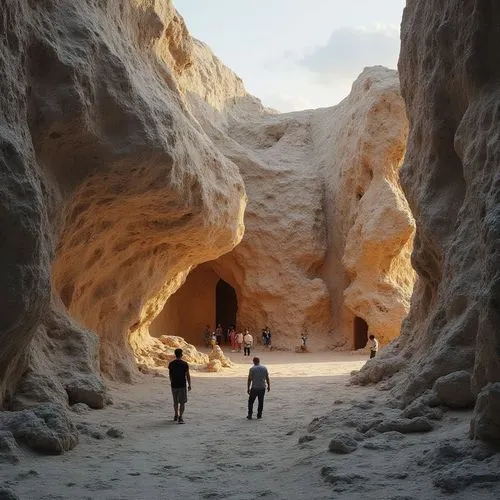 Daniel Libeskind’s Jewish Museum, reimagined in a rocky ravine
“Stone shards emerging from earth like tectonic plates. Visitors explore storytelling spaces inside cracked earth walls. Sunset shadows d