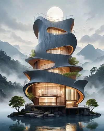 background,chinese architecture,floating island,asian architecture,futuristic architecture,japanese architecture,floating islands,tree house hotel,eco hotel,cube stilt houses,sky space concept,guizhou
