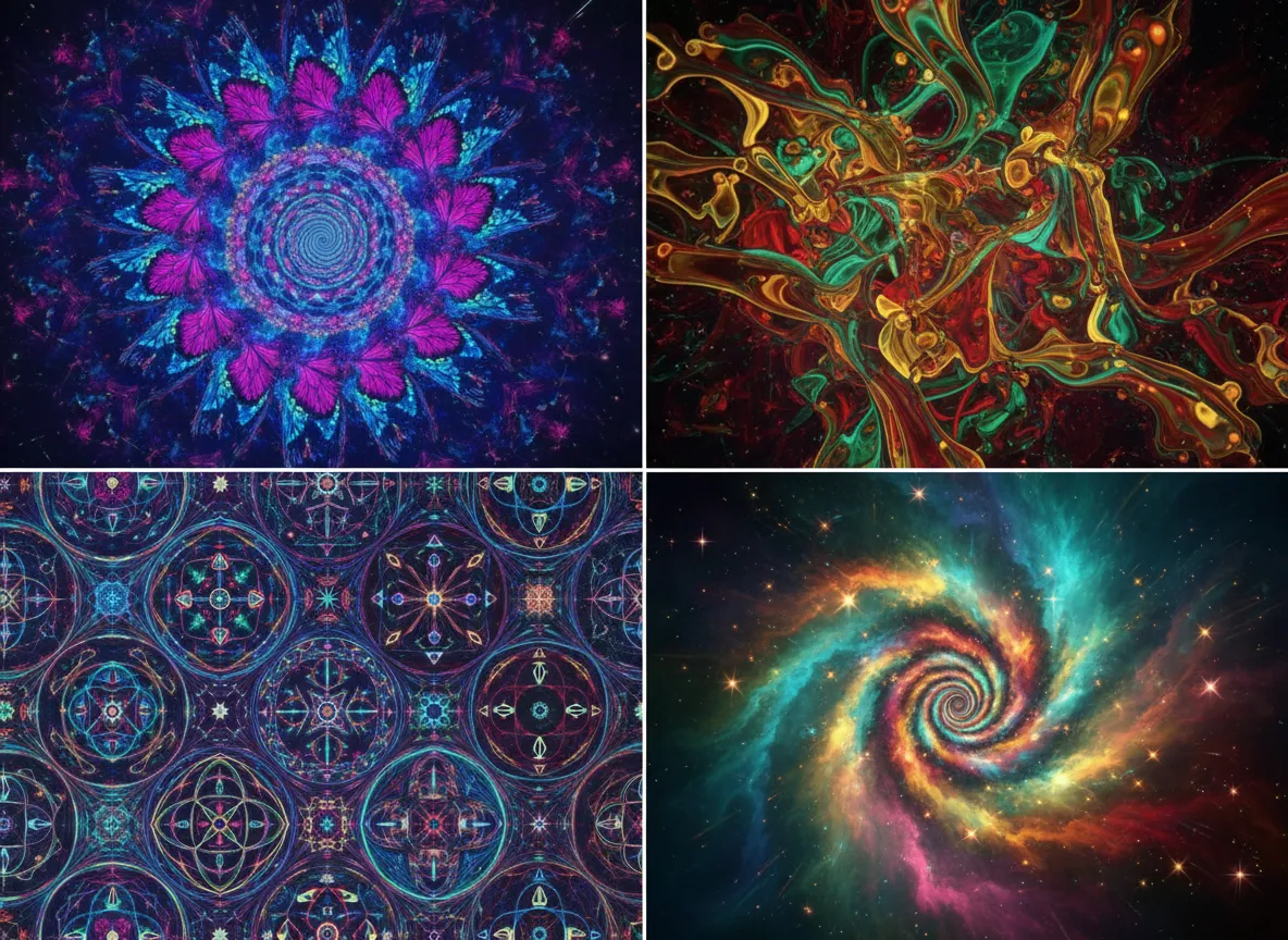 Una galleria di quattro immagini generate dall'IA che mostrano diverse immagini trippy, inclusi pattern caleidoscopici ed effetti liquid light show.