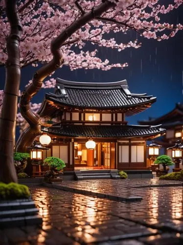 Traditional Japanese Lego architecture, Tokyo-style building, curved tiled roofs, sliding doors made of wood, intricate carvings, lanterns, bonsai trees, cherry blossoms, vibrant neon lights at night,