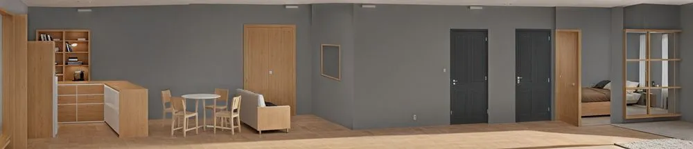 a house with wooden paneling and grey walls