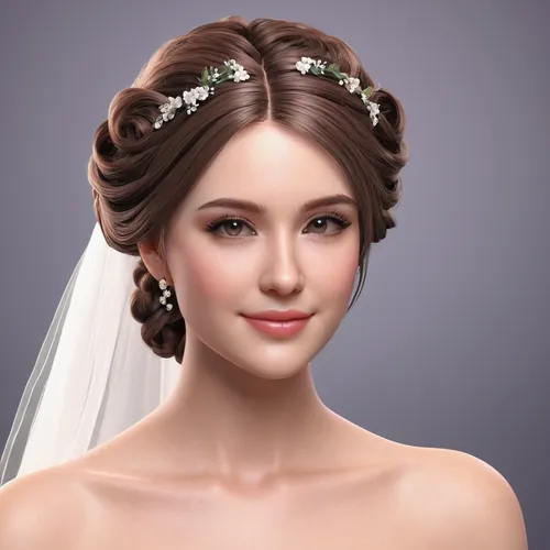 Craft a romantic AI hairstyle for a virtual wedding,bridal accessory,bridal jewelry,bridal,diadem,silver wedding,princess crown,bridal veil,debutante,bridal clothing,artificial hair integrations,weddi