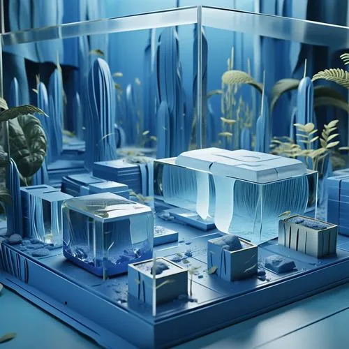 the interior of a large blue building with plastic containers surrounding it,fractal environment,cartoon video game background,futuristic landscape,replicators,futuristic art museum,sci fiction illust