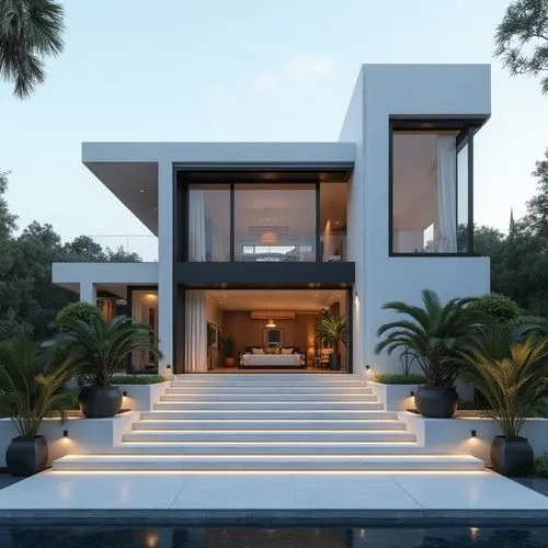 A hyper-realistic, high-resolution architectural photograph capturing a grand, ultra-modern luxury mansion at twilight. The building’s façade is composed of smooth white stone panels contrasted with s