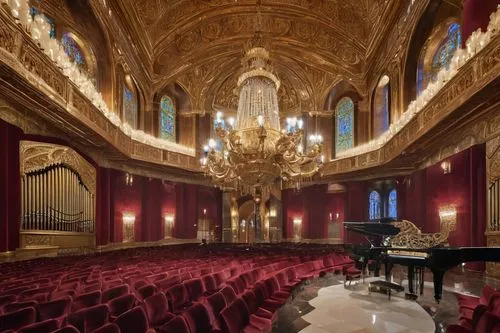 Acoustic architecture, concert hall, grandeur interior design, intricate wooden ceiling, ornate chandeliers, red velvet seats, golden balconies, majestic staircase, soundproof walls, echoing corridors