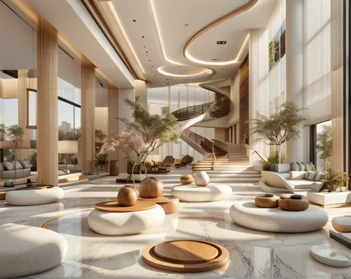 lobby, hotel, luxury, minimalism, japandi style, cozy, soft light, wall light stone, creative white interior, round soft shapes, pure minimalism, classic japanese simplicity, gold:1 and white colors, 