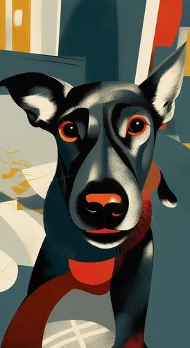an abstract portrait of a dog in front of cityscape,dog illustration,haida,bluemner,colescott,rosenquist,bulworth,serigraphs,wesselmann,feitelson,street dog,red dog,pinscher,spiegelman,rat terrier,dob