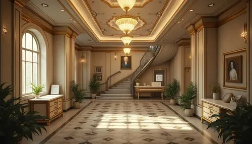 Art Deco hospital interior, luxurious ambiance, limestone walls, geometric patterns, golden accents, ornate details, high ceiling, grand staircase, elegant chandelier, lavish furniture, soft warm ligh