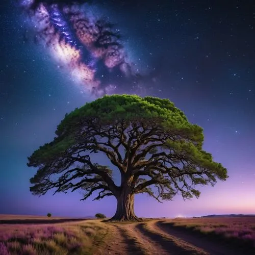 1 棵大树, 广阔的平原, 黑暗而遥远, 夜空之下, 闪闪发光的星星, 星夜, (8K 画质, 最好的质量:1.2), (没有人类), (没有人造光), 黑暗中的树, 迷人的紫色天空,isolated tree,lone tree,magic tree,colorful tree of life,celtic tree,arbre,tree of life,lonetree,a tree,flou