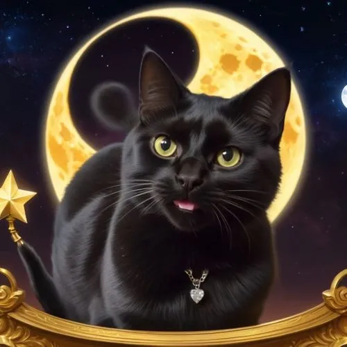 Black cat with the sign moon in a head. From cartoon, honey honey, Black Cat, sailor moon, to eat a Diamond of smiling amazing, and rescue for theft, from Palace of condessa Não Faria,a black cat sits