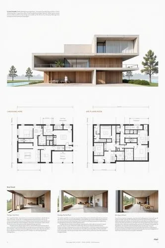 A professional architectural presentation board with a Pure background and a clean, minimalist design layout. The board includes:
Top Section: On the top left, a photorealistic render of a contempora