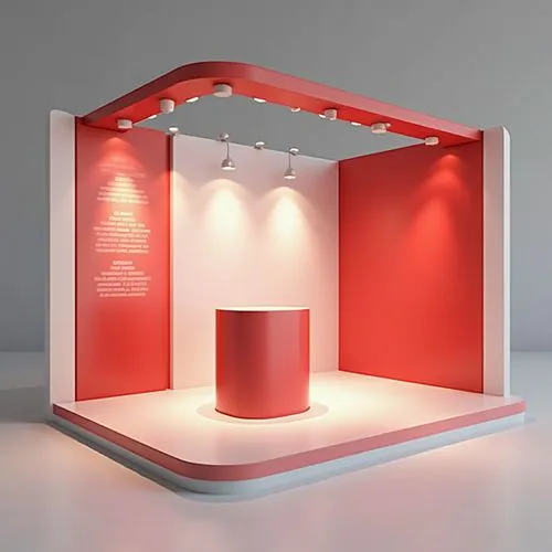 create a 3D render of an exhibition stand-sized 8 meter X 4 meter in red and white color theme
,a white and red booth set on display with lights,a museum exhibit,dictionarium,light box,plasma la