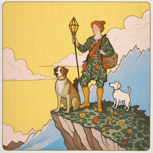 The Fool card depicts a young traveler standing at the edge of a cliff, carrying light baggage, accompanied by a loyal dog, symbolizing a new journey, fearlessness, and trust.