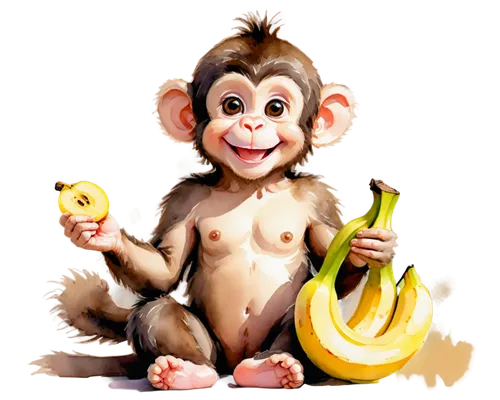 Cute monkey, solo, (2yo), fluffy fur, big round eyes, pink nose, smiling face, sitting, hands holding banana, white background, soft focus, warm lighting, 3/4 composition, shallow depth of field.,the 