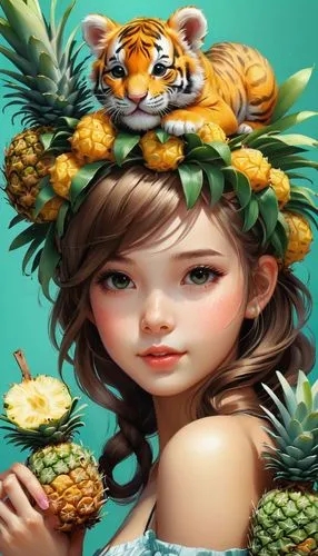 a young girl in a dress with pineapples and a tiger,pineapple background,luau,fresh pineapples,pineapple wallpaper,pineapple basket,pineapples,pineapple top,tropical fruits,pineapple,pineapple drink,m