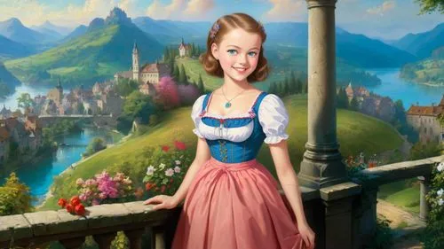 Romantic masterpiece oil painting, cute girl portrait, nostalgic 1950's style kitsch, traditional woman, tradwife, beautiful European cityscape, epic vast kingdom scenery, Victorian era aesthetic, by 