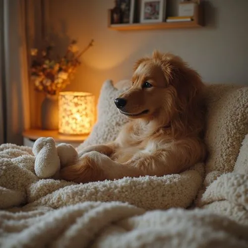 A cozy,small white dog ,reindeer