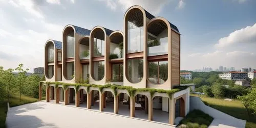 an architectural building has four windows and green vegetation on top,cube stilt houses,school design,cubic house,futuristic architecture,modern architecture,glass facade,city mosque,facade panels,bu